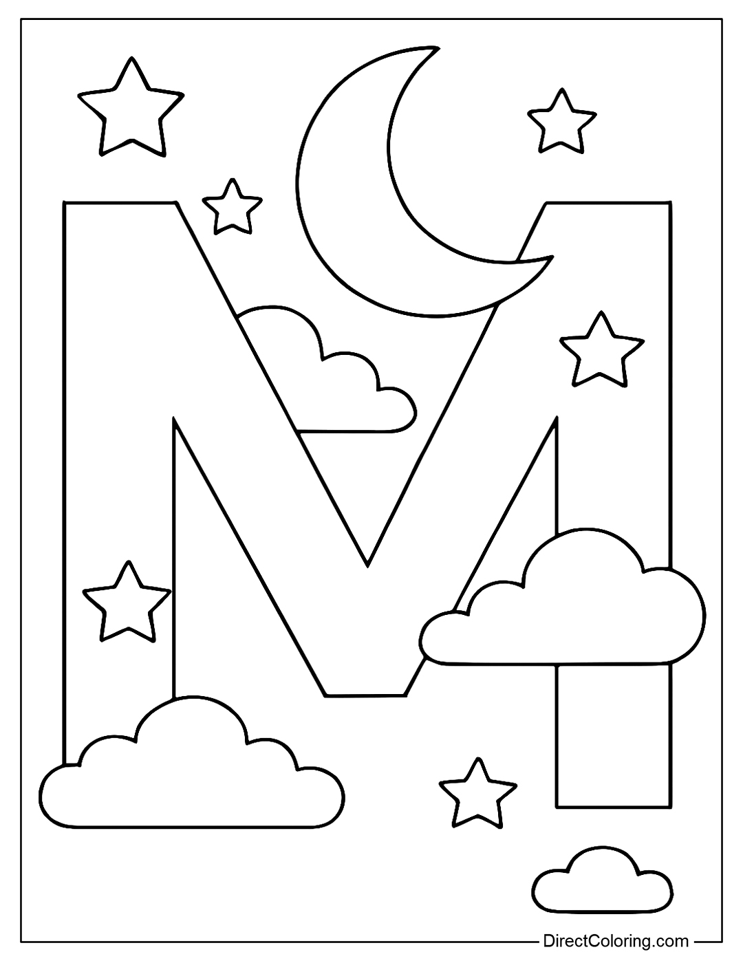 A coloring page of the letter M with the moon, stars and clouds flying around in the quiet night.